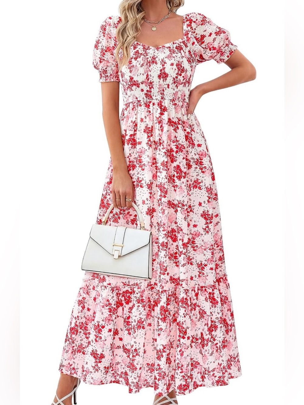 #96 Pretty garden Floral Puff-Sleeve Maxi Dress, Smocked Pockets